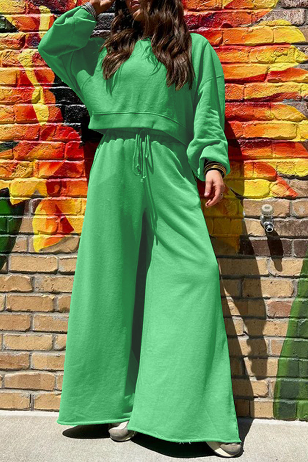 Drop Shoulder Crop Pullover Drawstring Wide Leg Trouser Set