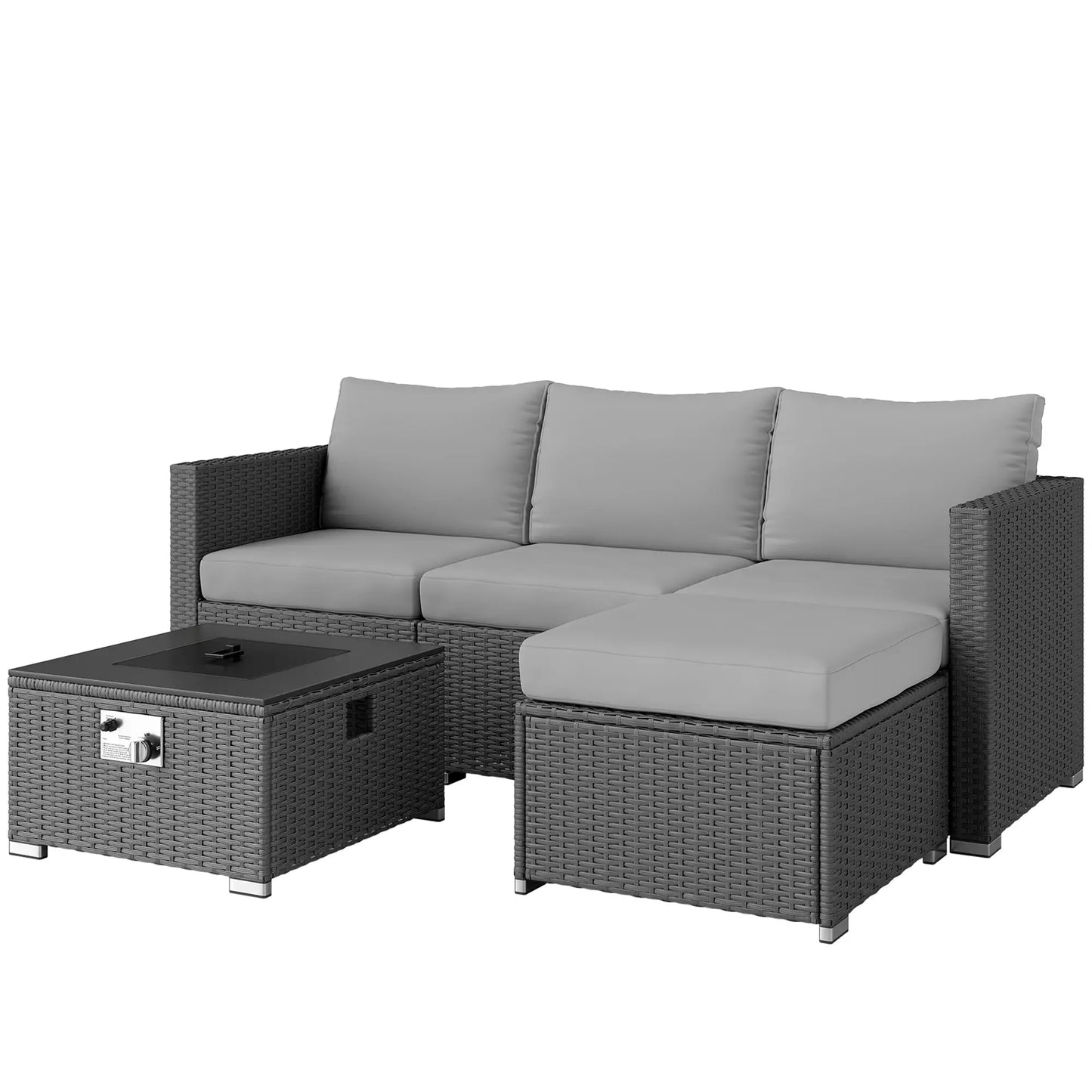Five Piece Rattan Garden Furniture Set with Gas Fire Pit Table and Footstool - Grey