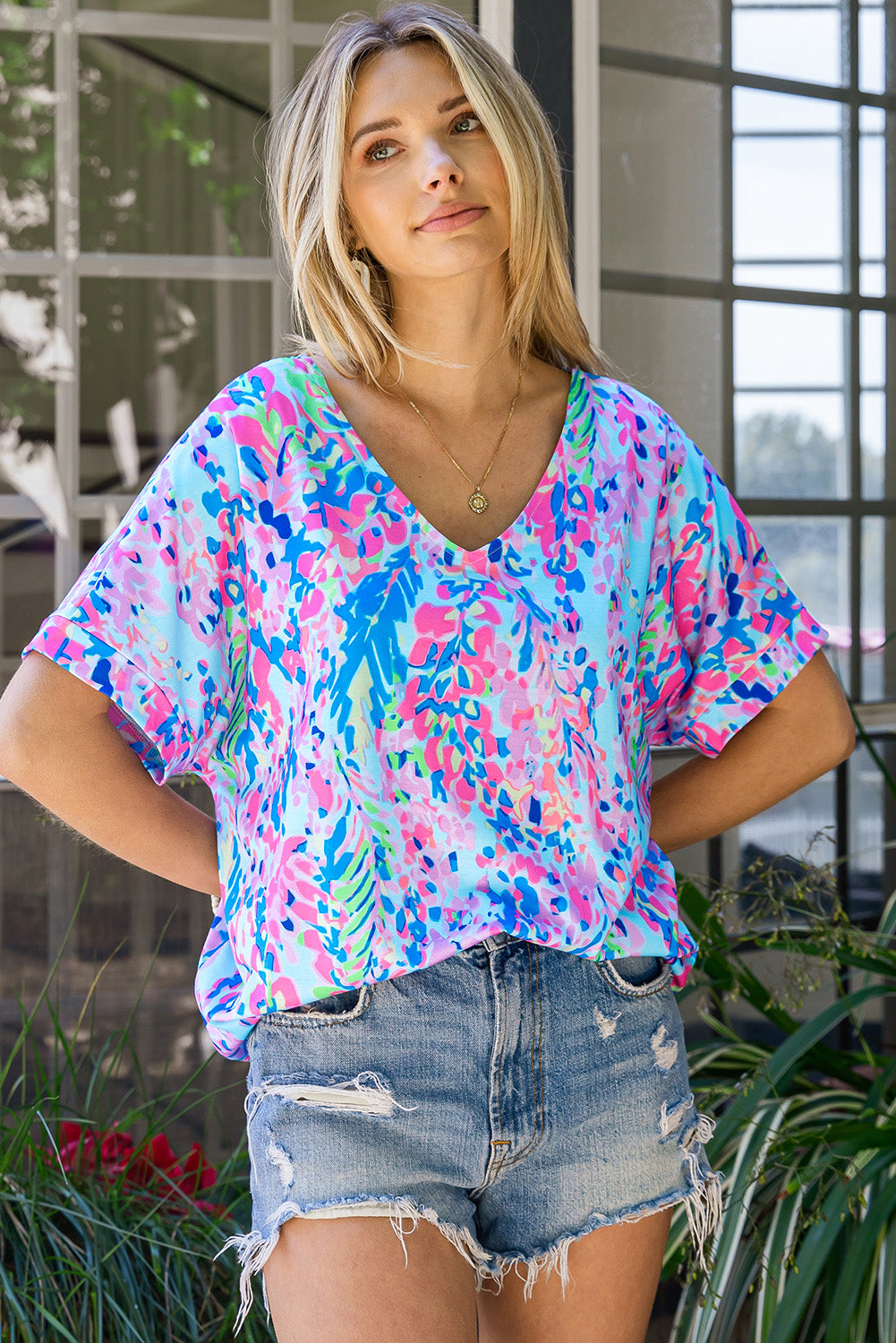 Boho Abstract Floral Print V Neck T Shirt