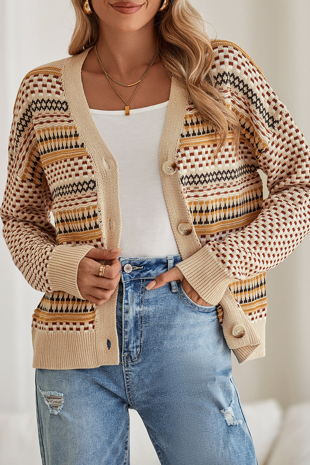 Khaki Geometric Pattern Button Front V Neck Cropped Cardigan