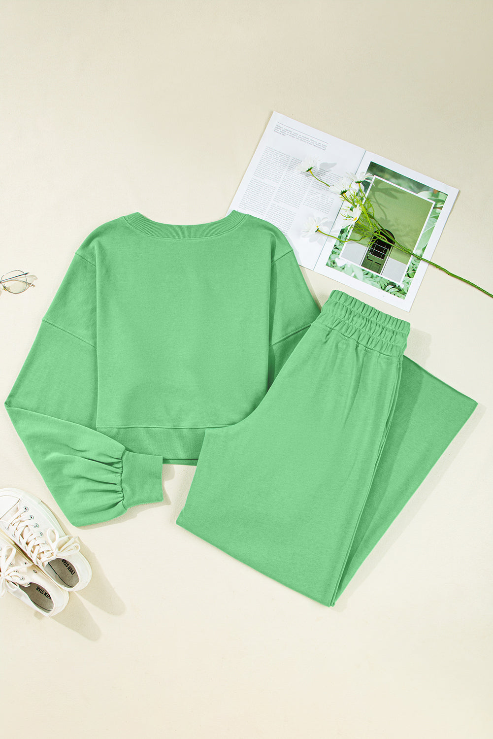 Drop Shoulder Crop Pullover Drawstring Wide Leg Trouser Set