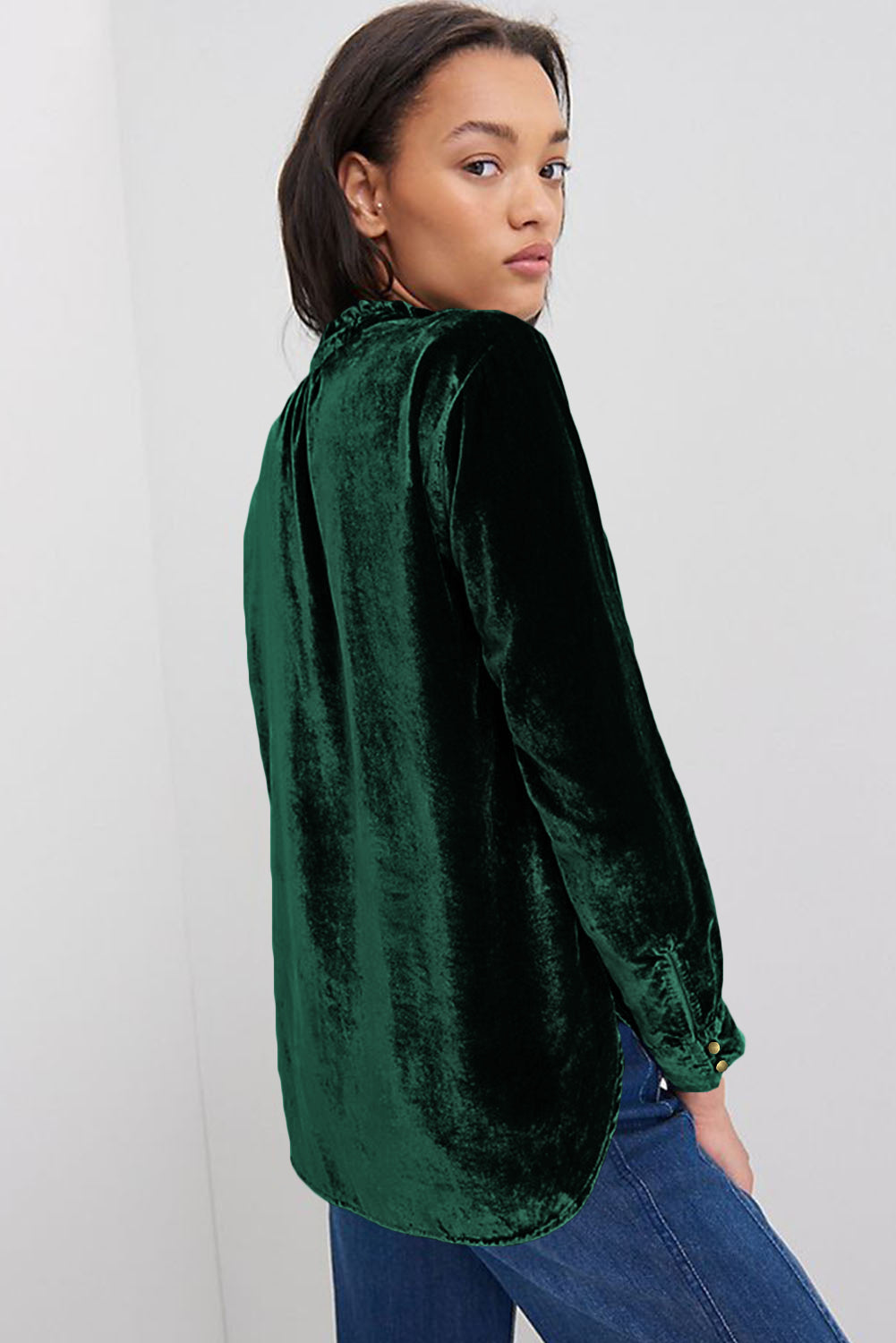 Frilled Buttoned V Neck Velvet Blouse