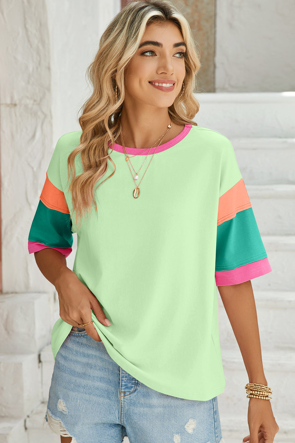 Color Block Sleeve Round Neck Oversize Top