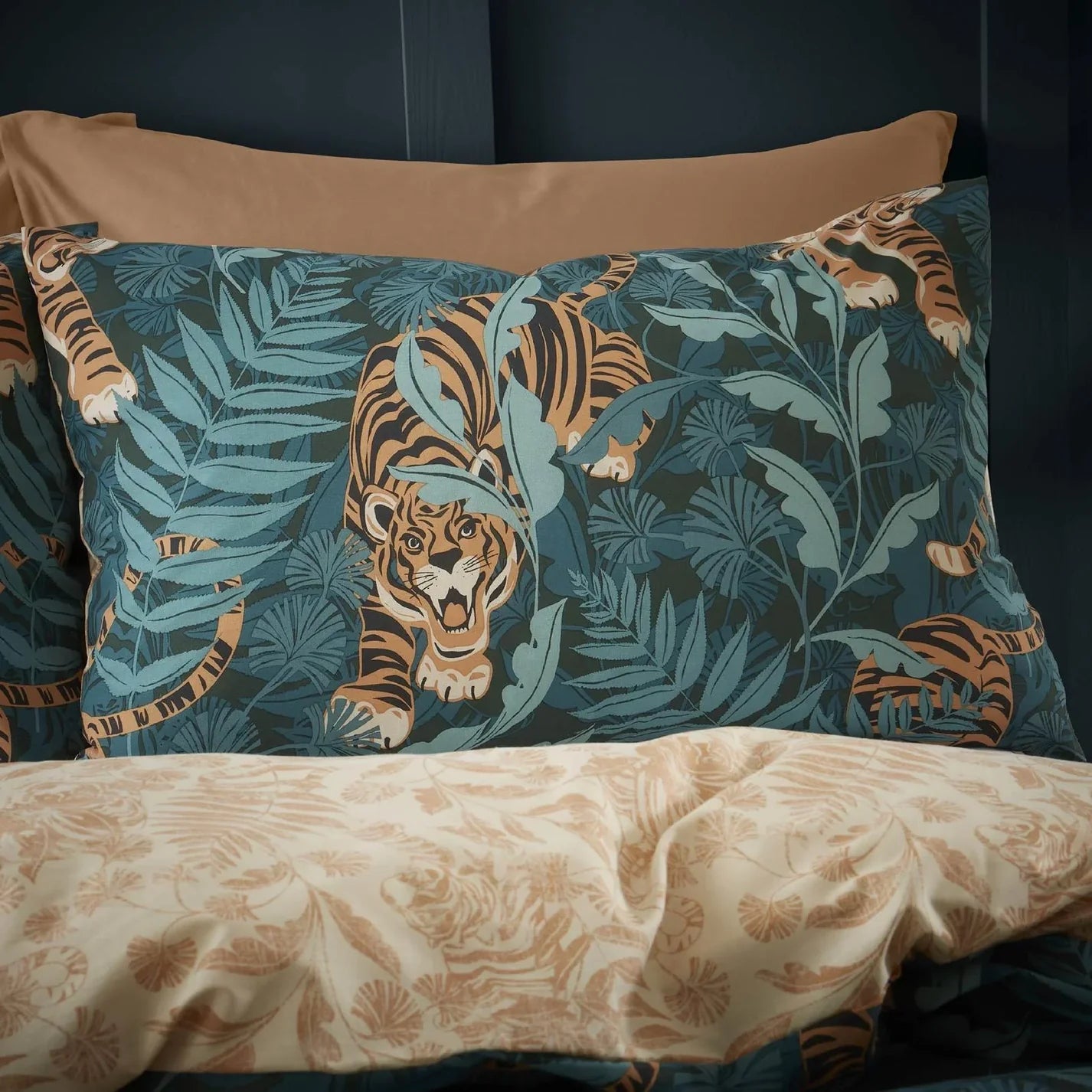 Tropic Tiger Leaf Reversible Green Duvet Cover Set by Catherine Lansfield