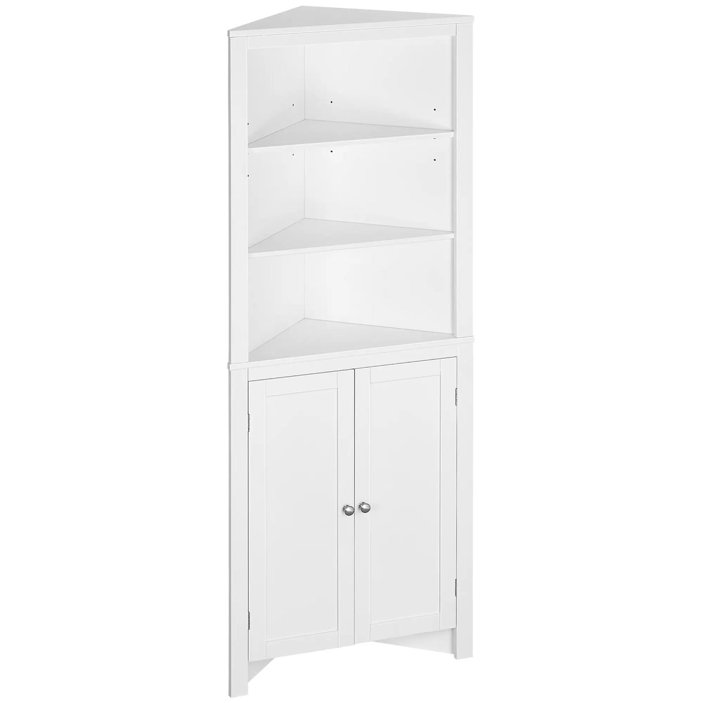 White Triangle Corner Bathroom Storage Unit with Cupboard and 3-Tier Shelves