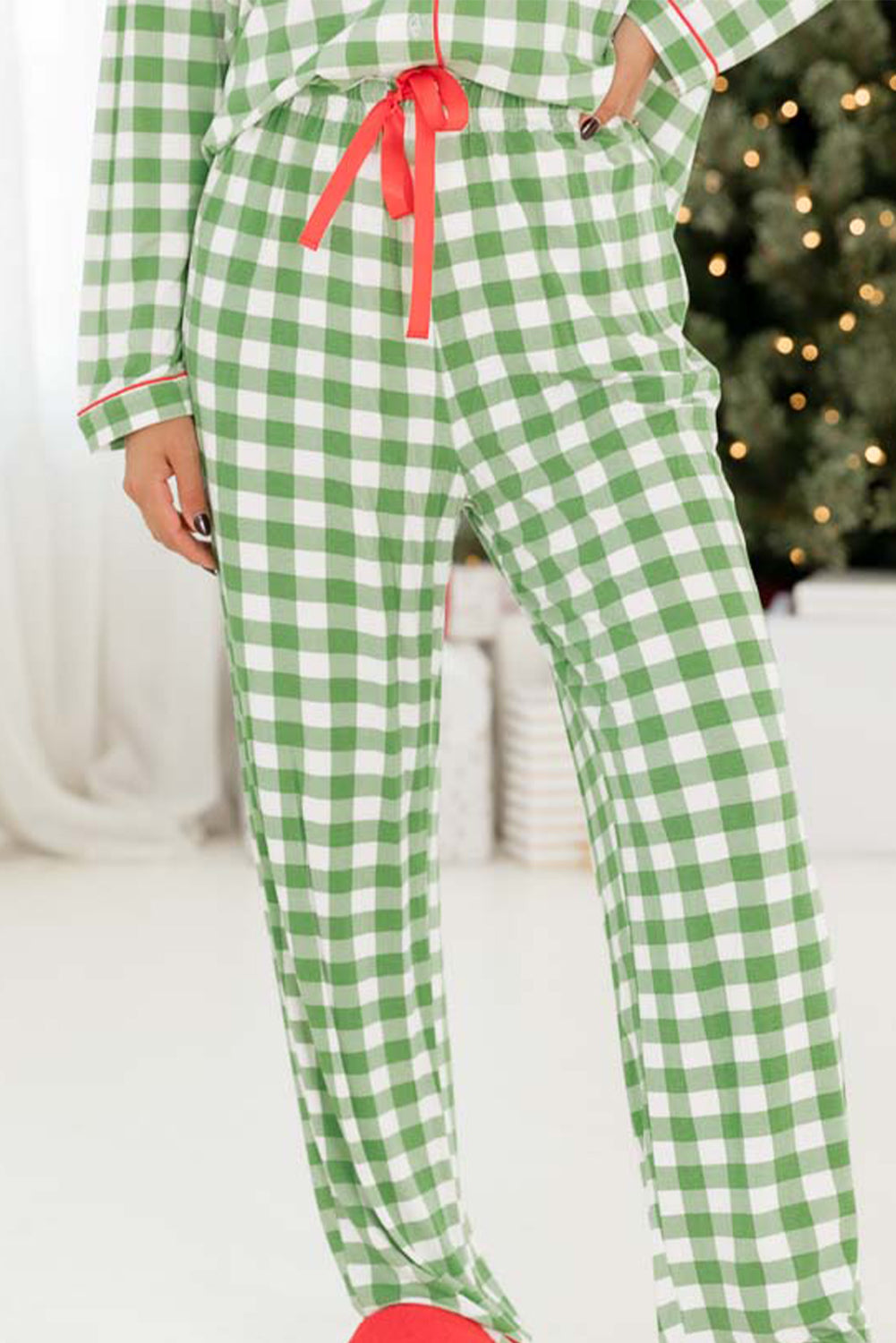 Light Green Plaid Print Shirt and Drawstring Pants Pajama Set