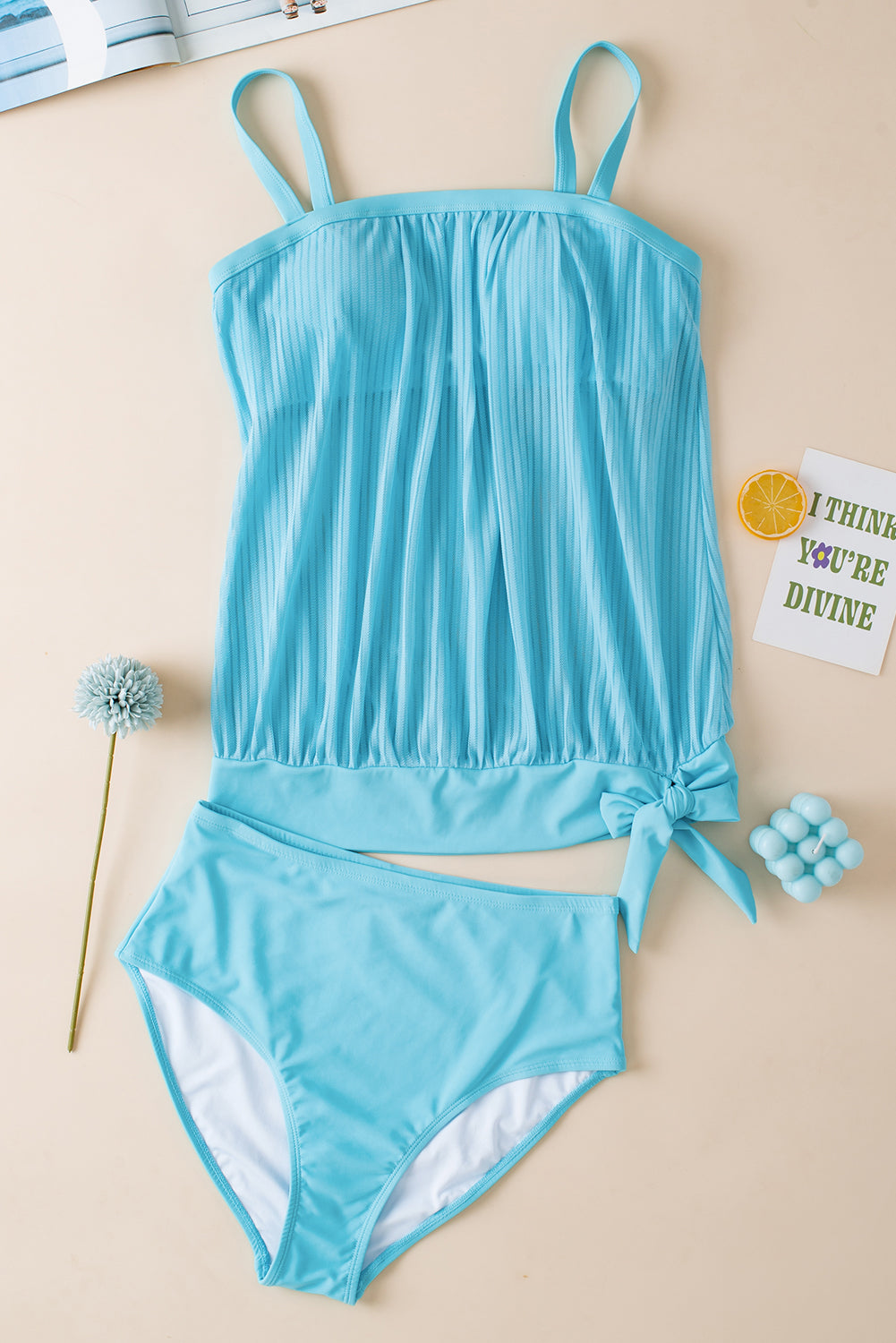 Striped Mesh Top and Knotted Bottom Tankini Set