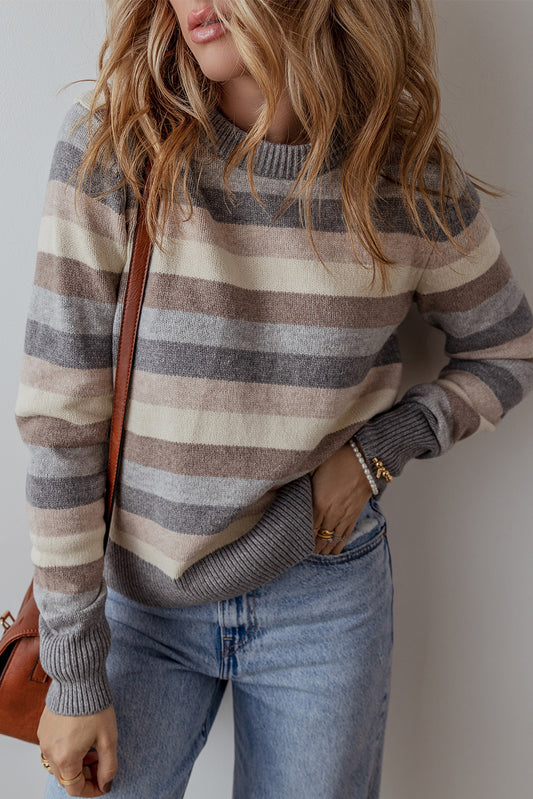 Grey Striped Ribbed Edge Round Neck Sweater