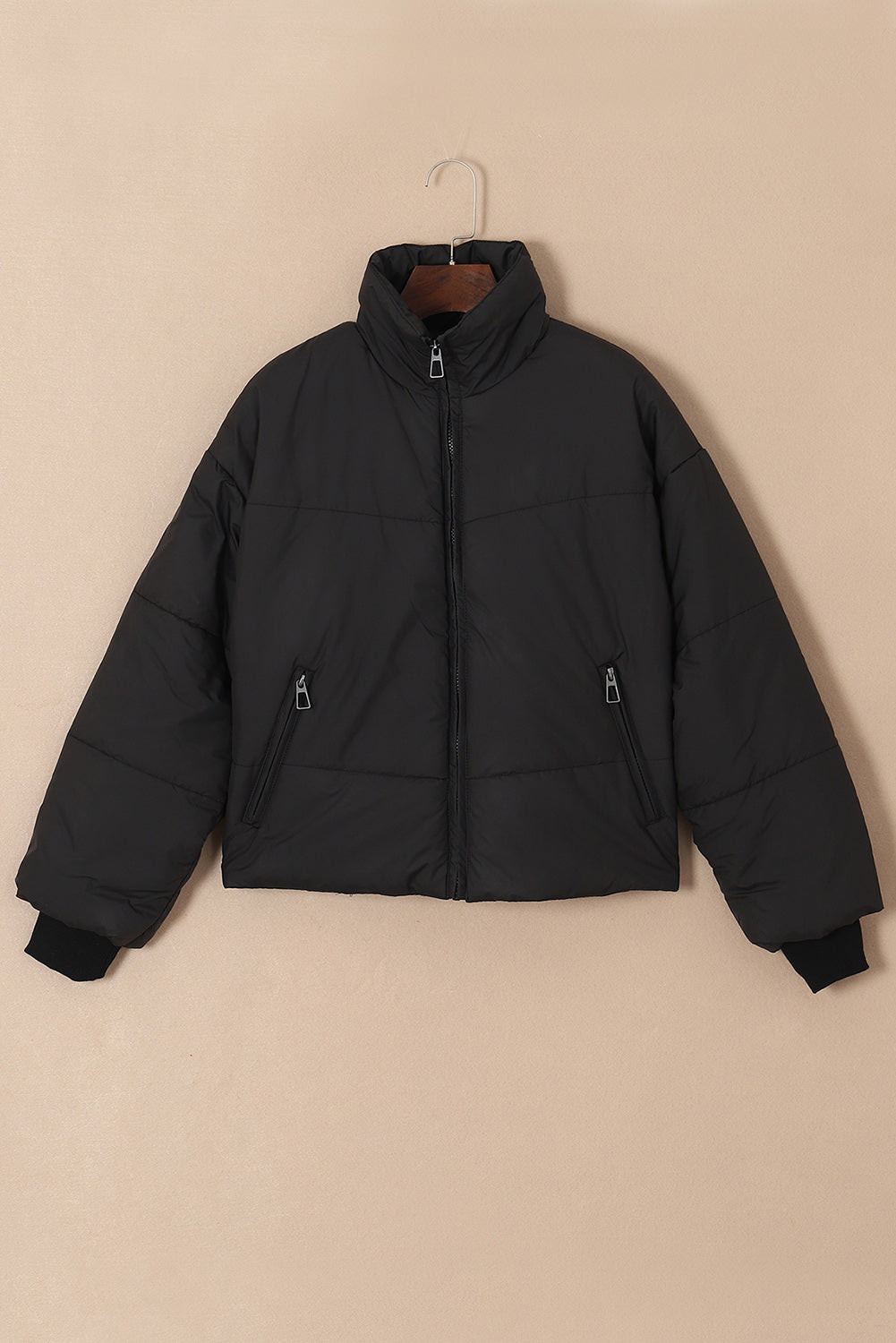 Solid Zip Up Pocketed Puffer Coat