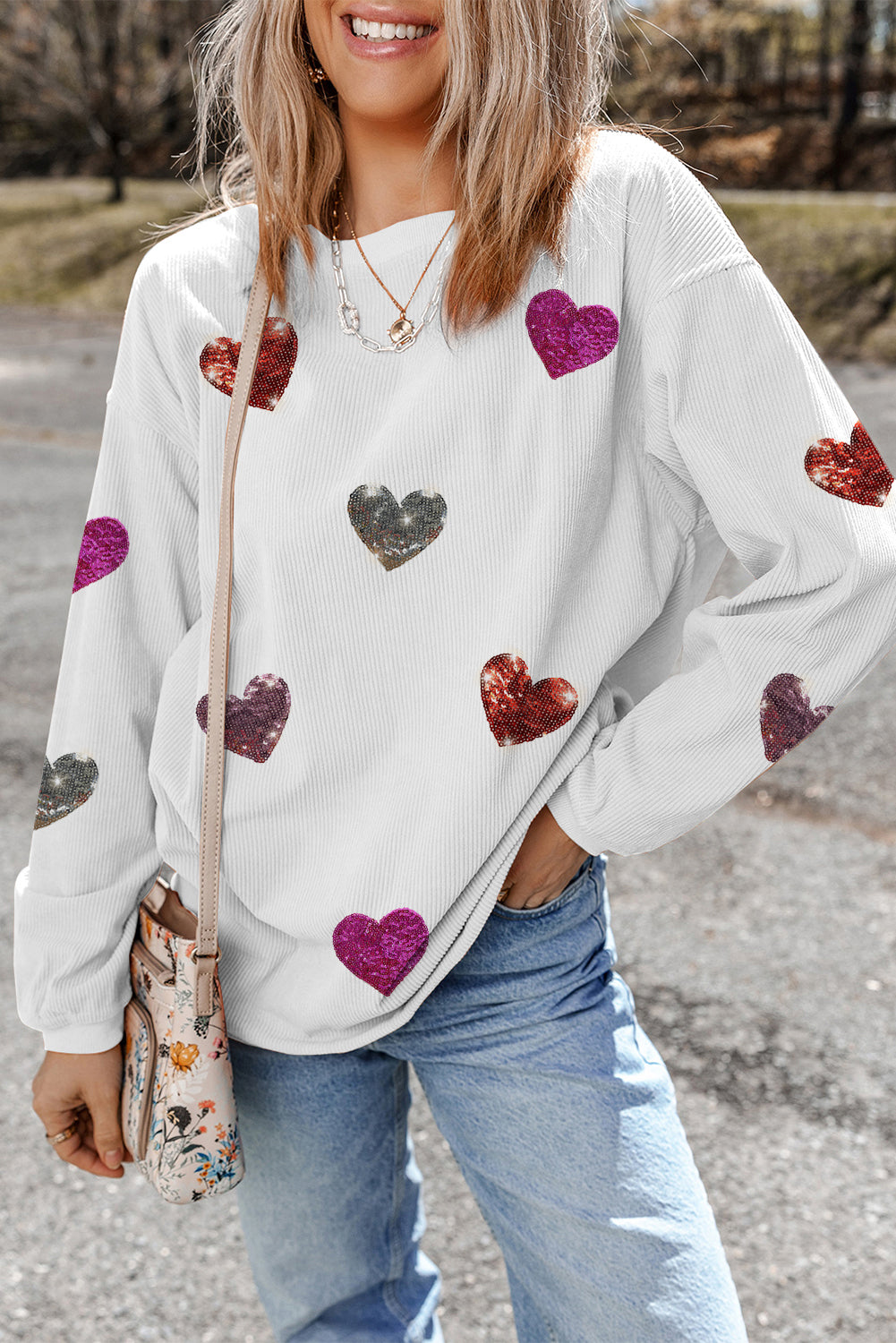 White Valentines Heart Patched Pattern Corded Pullover Sweatshirt