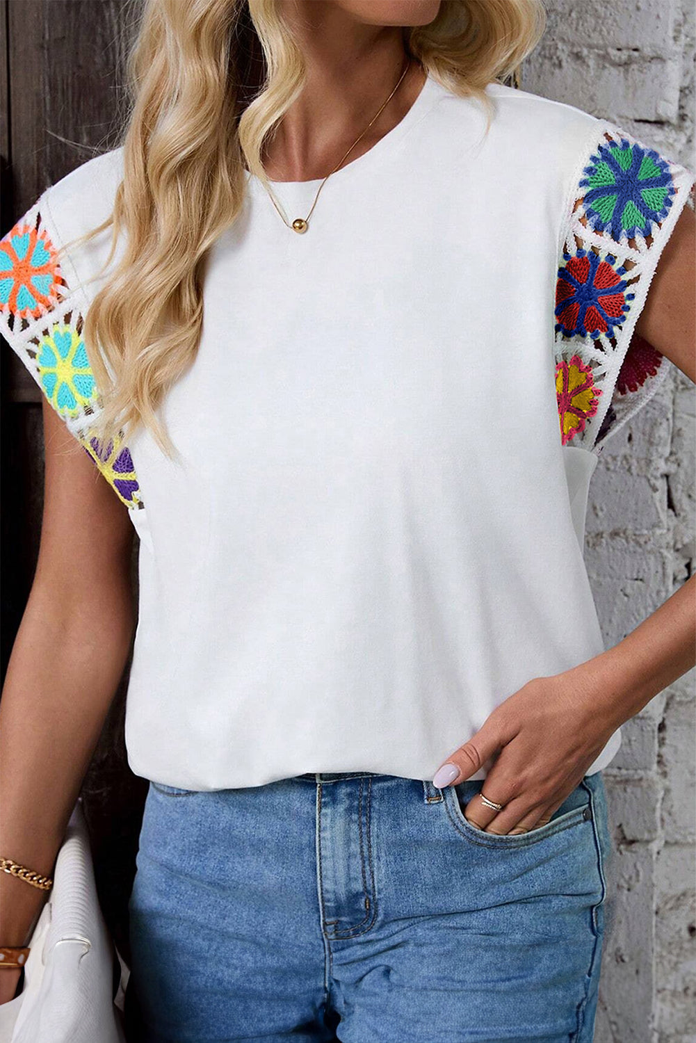 White Floral Crochet Dolman Sleeve Loose T Shirt