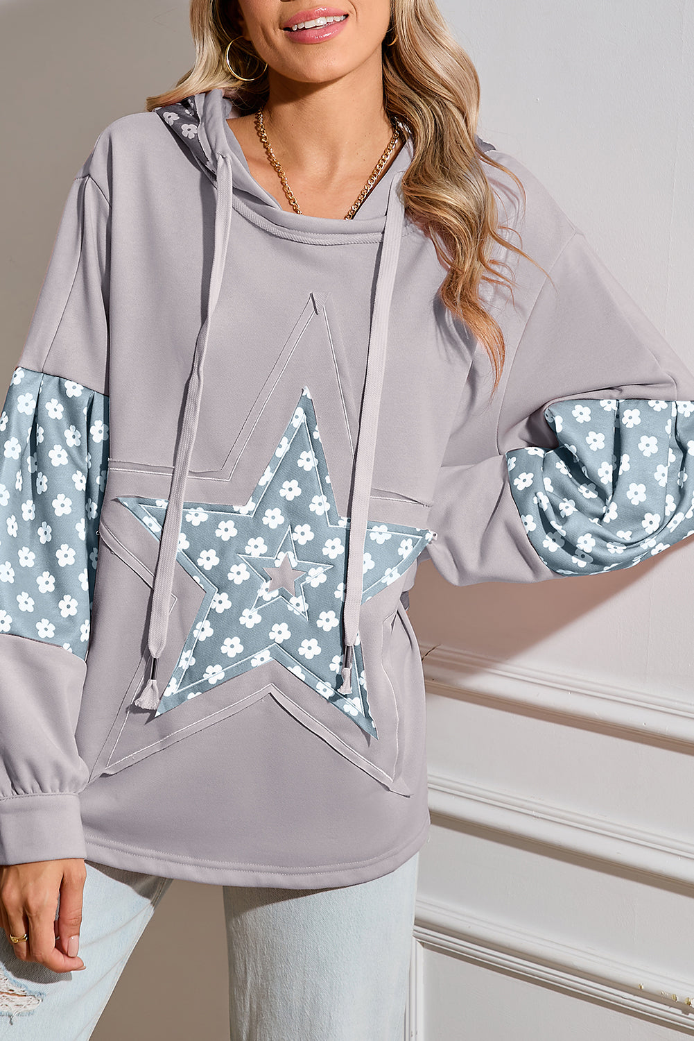 Floral Patchwork Star Pattern Drawstring Hoodie