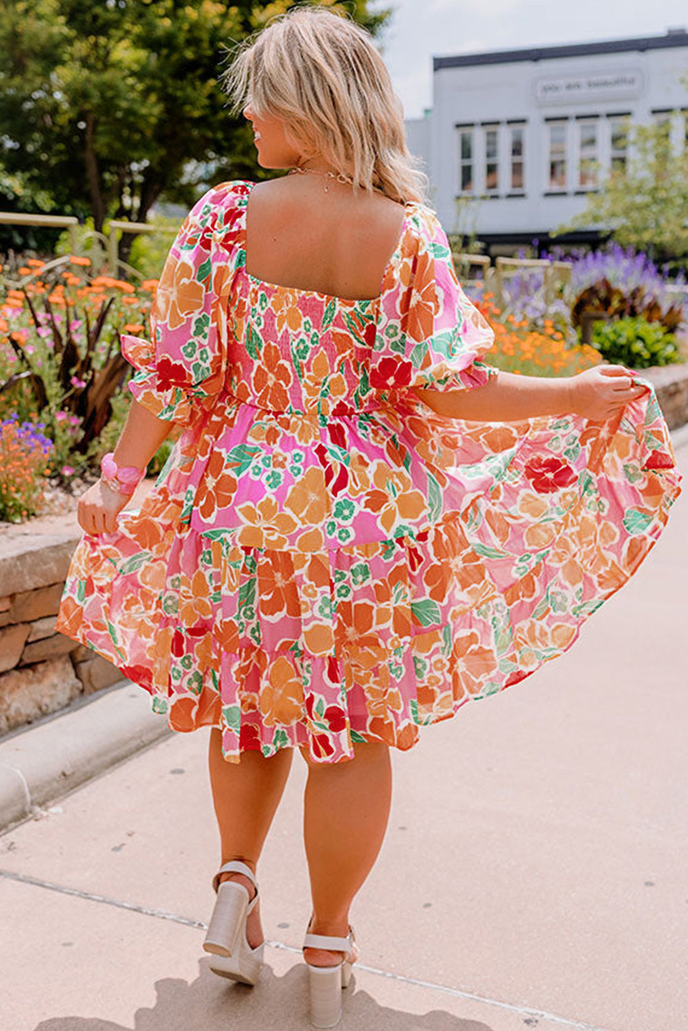 Pink Plus Size Puff Sleeve Smocked Floral Dress