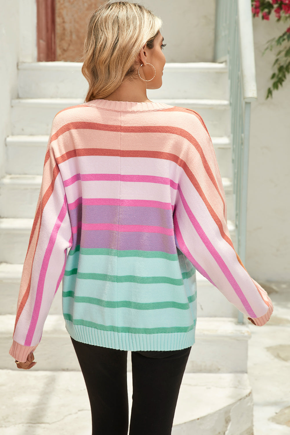 Striped Ribbed Edge Gradient Loose Sweater