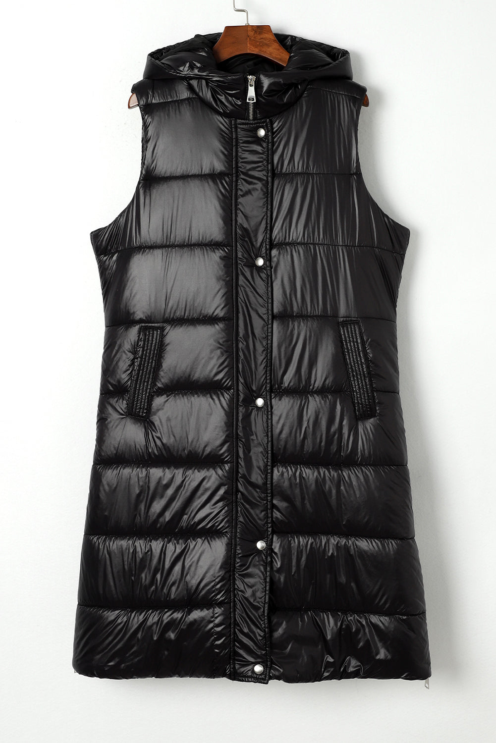 Hooded Pocketed Quilted Long Vest Coat