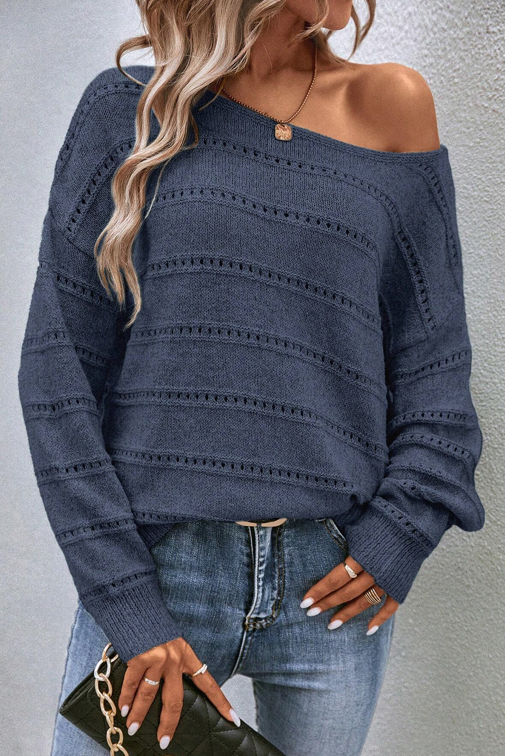 Boat Neck Drop Shoulder Pointelle Knit Sweater