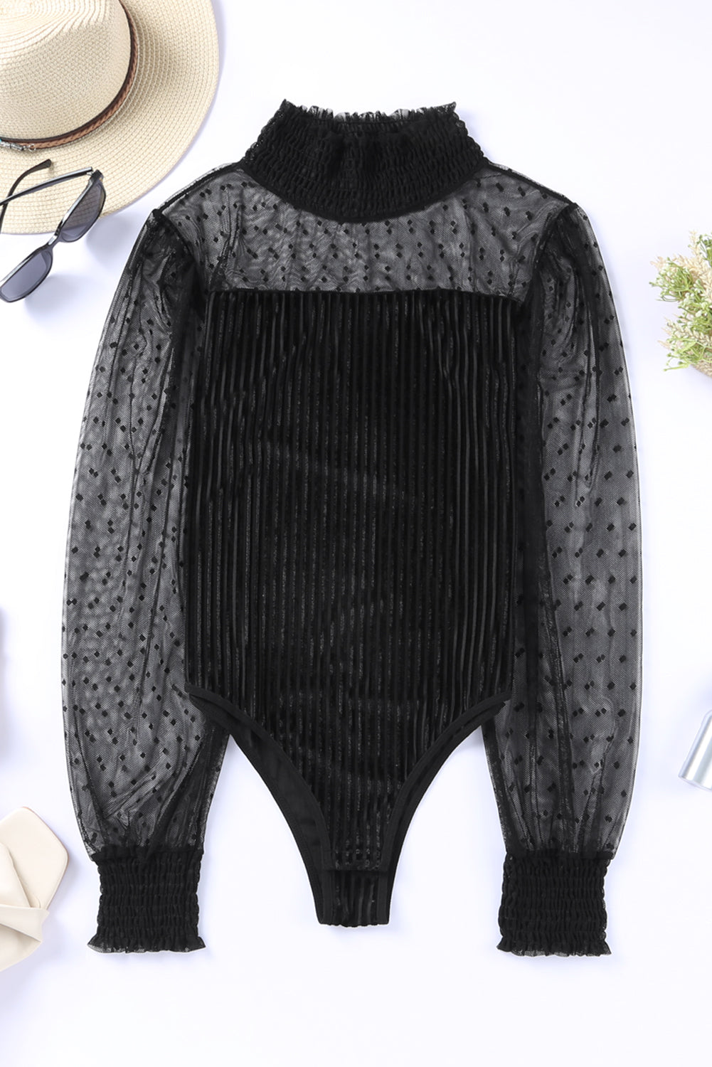 Sexy Sheer Dotty Puff Sleeve Ribbed Velvet Bodysuit