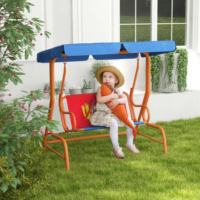 Two Seater Kids Garden Swing, Cowboy Themed kids Swing Chair with Adjustable Canopy, Safety Belts