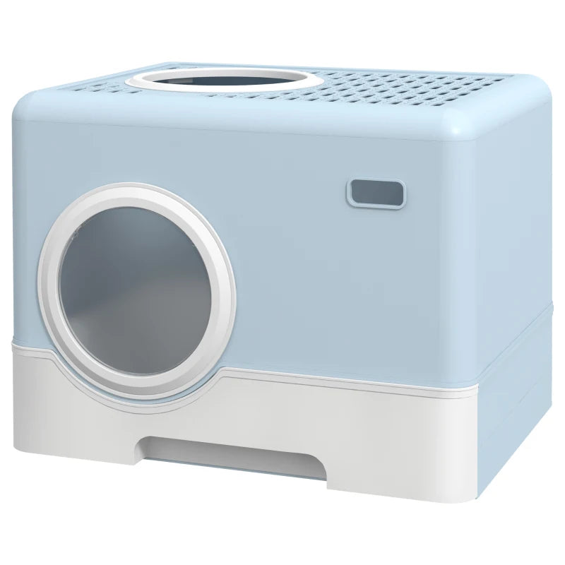 Enclosed Cat Litter Box, with Lid, Front Entry, Top Exit, Pull-Out Tray, Scoop - Blue