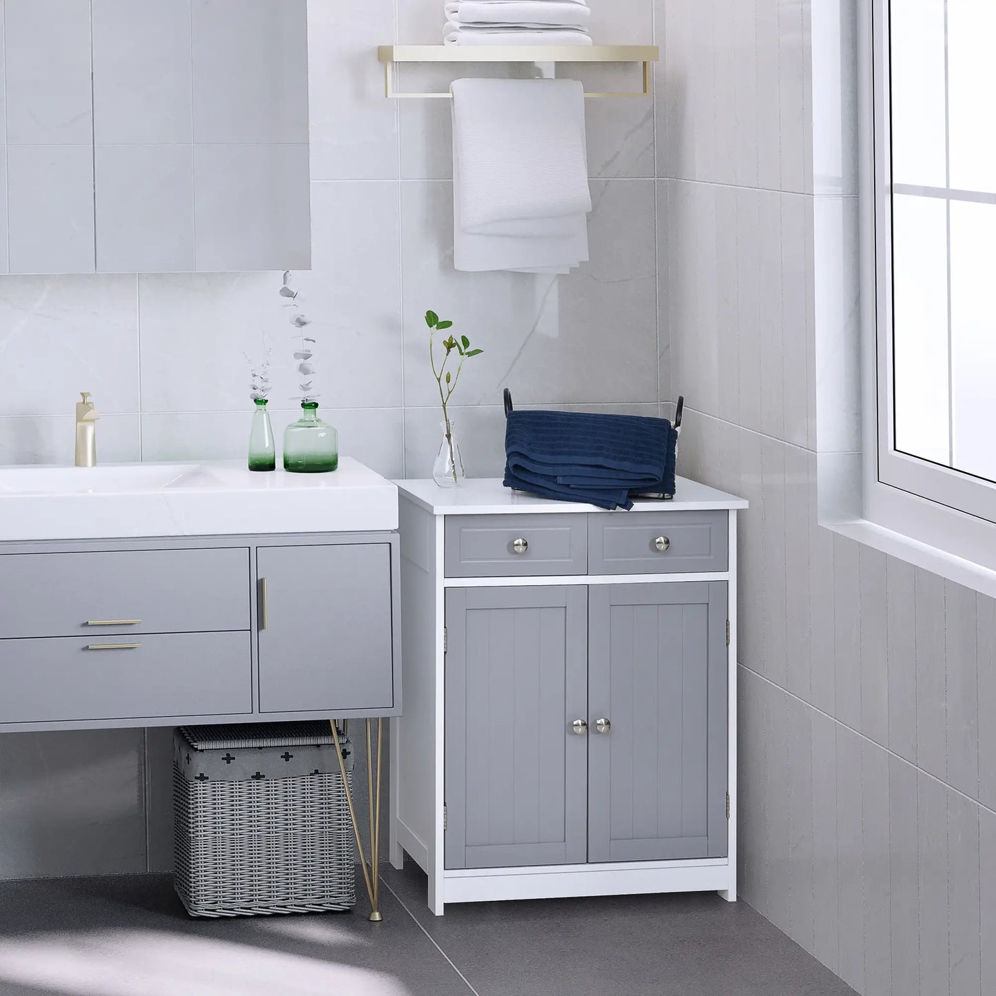 Freestanding Traditional Bathroom Storage Cabinet Unit in Grey White