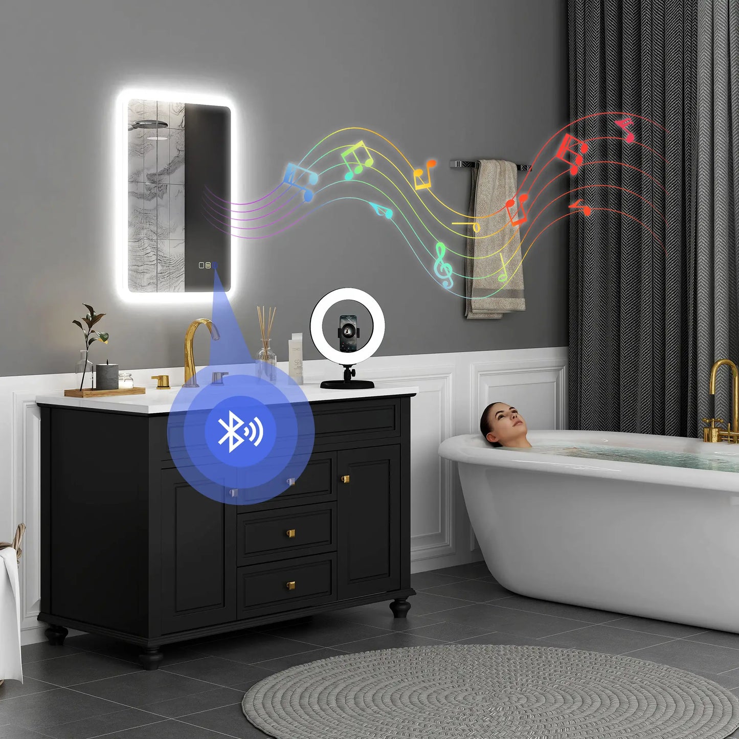 Backlit Illuminated Bathroom Mirror with LED Lights and Bluetooth - Silver Tone