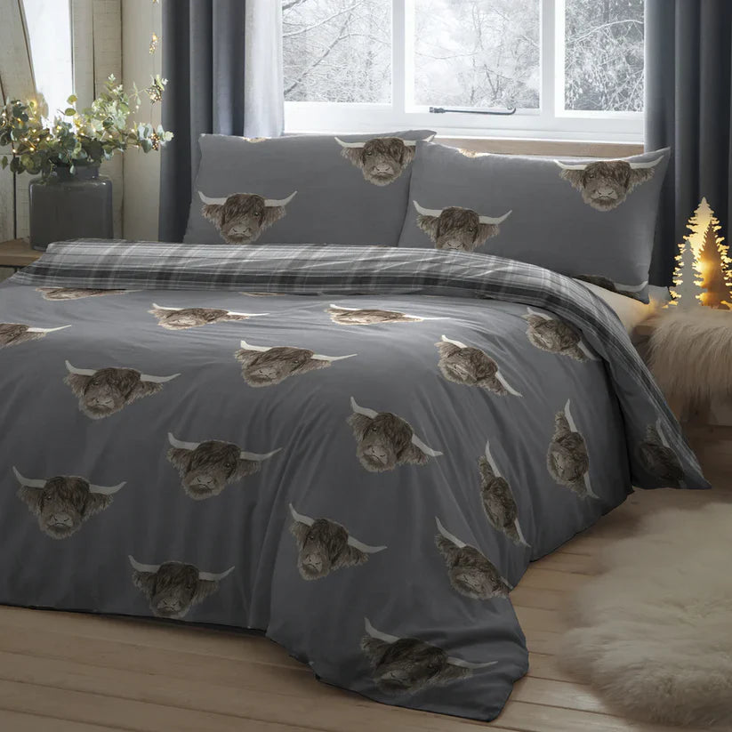 Highland Cow - Easy Care Duvet Cover Set in Grey - By Fusion