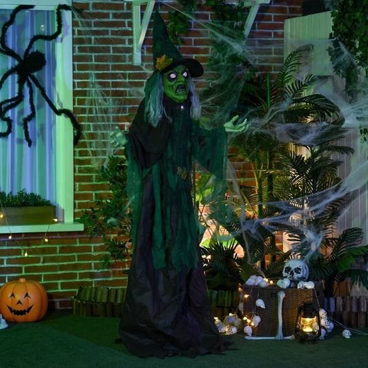 6ft Halloween Witch Decoration - Activated Prop with Light Up Eyes Magical Heart, Sound Activated