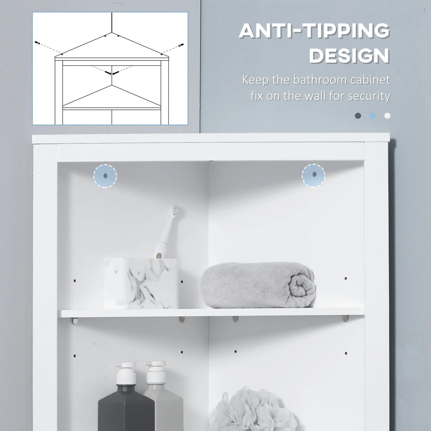 White Triangle Corner Bathroom Storage Unit with Cupboard and 3-Tier Shelves