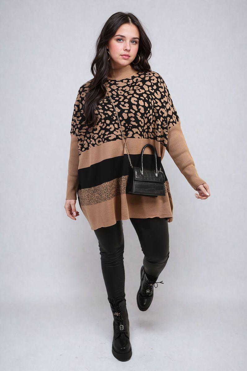 Oversized Leopard Print High Neck Knitted Jumper