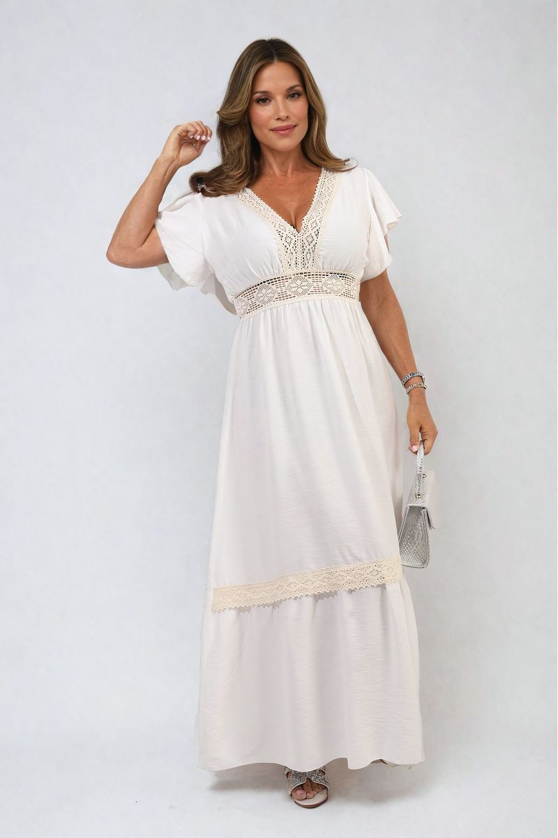 V-neck Lace Trim Maxi Dress