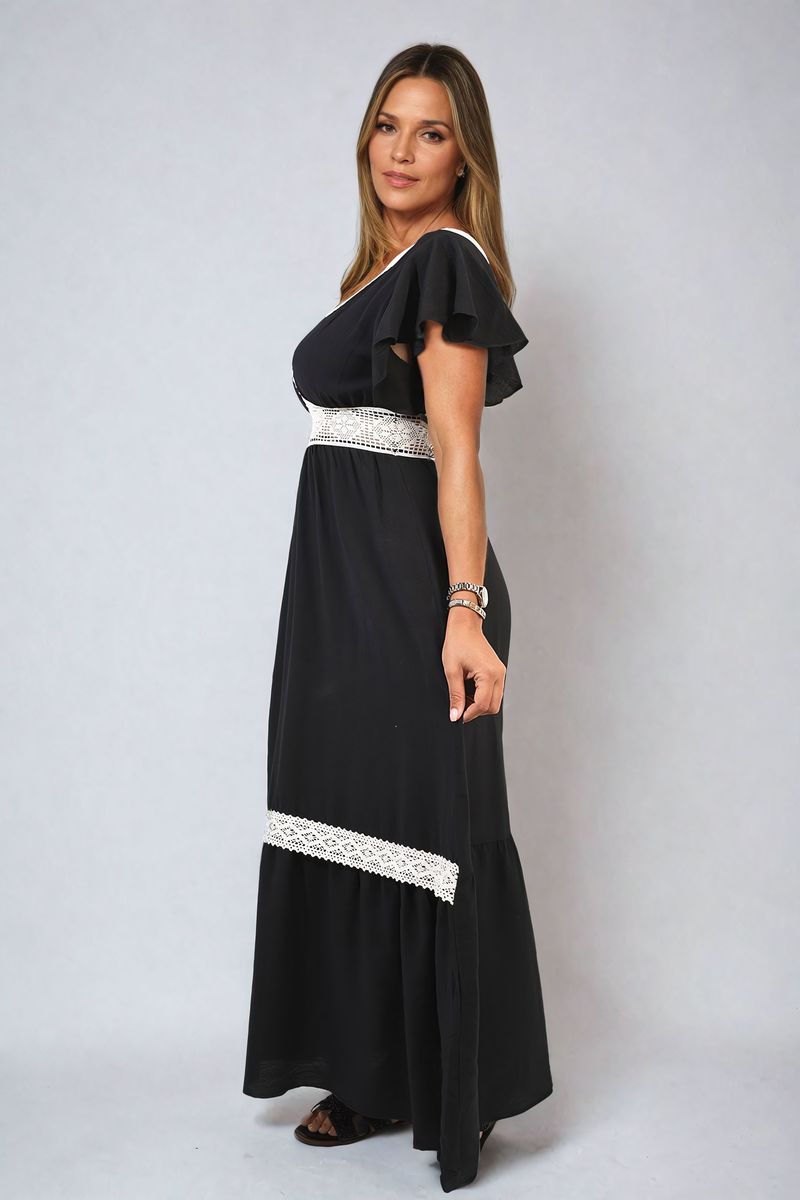 V-neck Lace Trim Maxi Dress