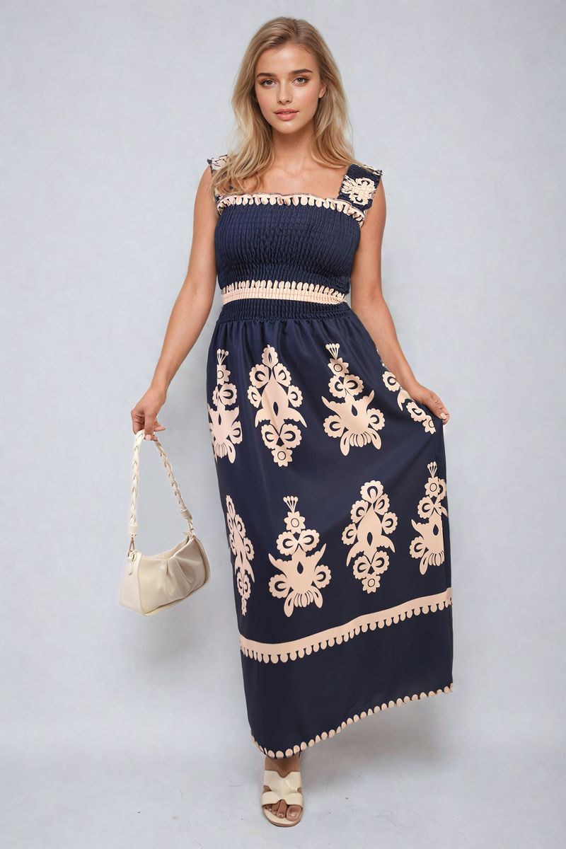 Smocked Sleeveless Flowy Tribal Print Summer Maxi Dress