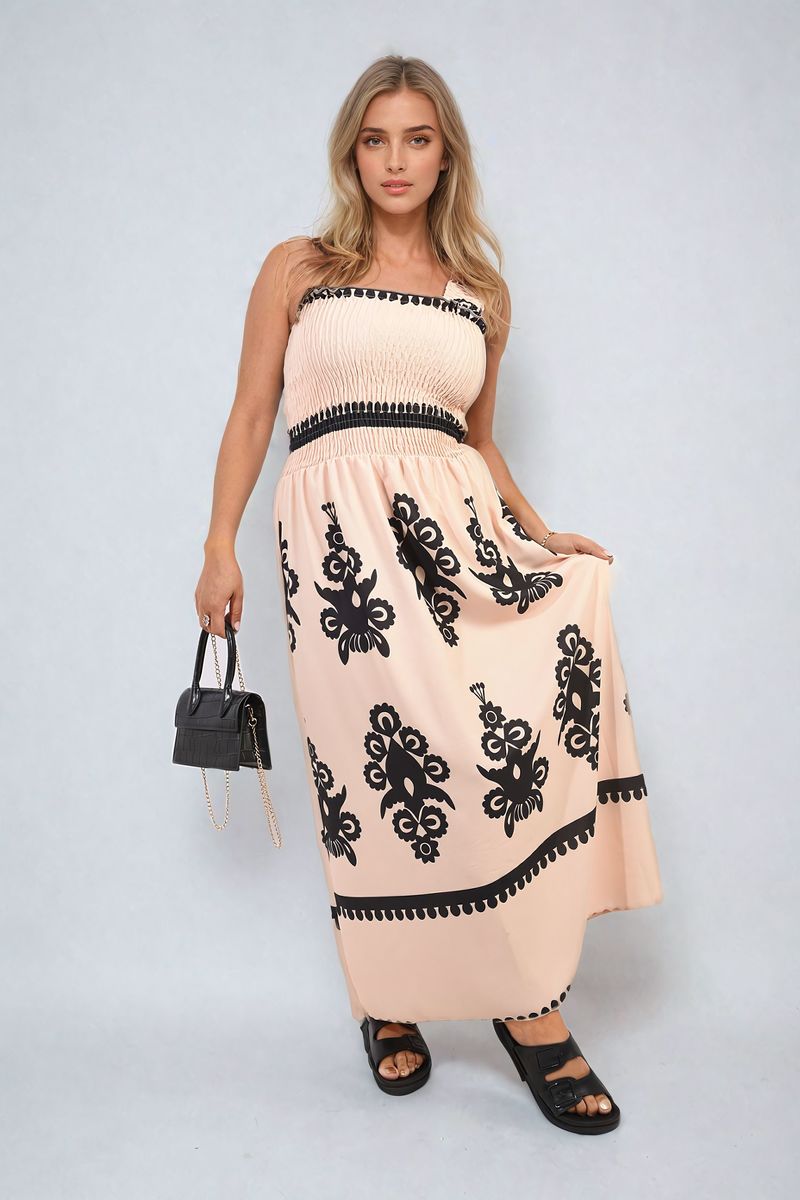 Smocked Sleeveless Flowy Tribal Print Summer Maxi Dress