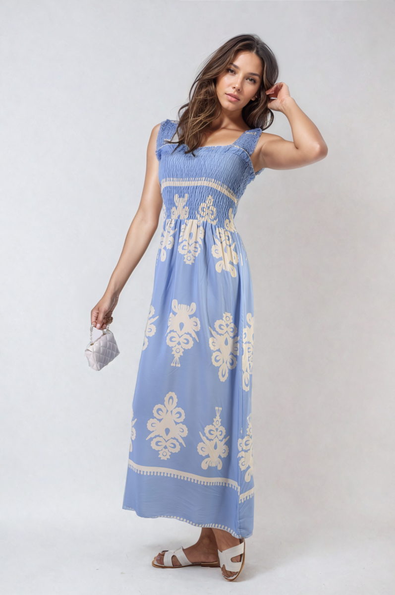 Smocked Sleeveless Flowy Tribal Print Summer Maxi Dress