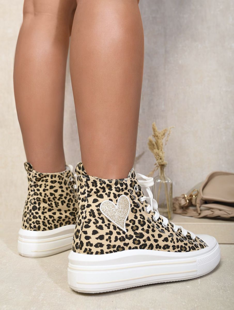 Leopard Print High Top Platform Ankle Trainers with Embroidered Gold Heart Detail