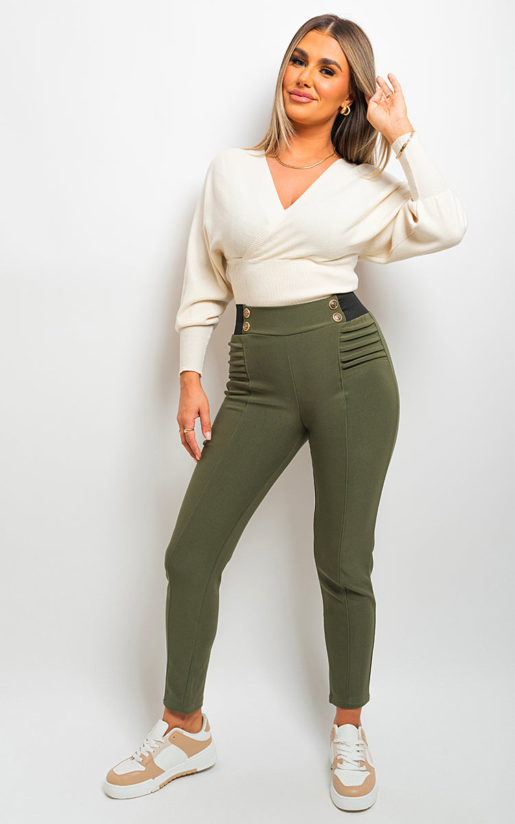 Elastic Waist Button Detail Leggings