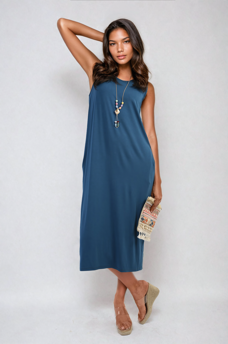 Sleeveless Slit Midi Dress with Side Pockets