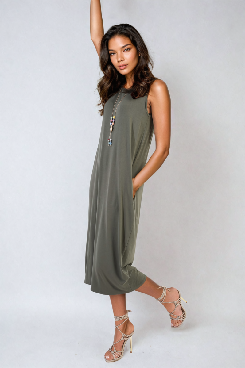 Sleeveless Slit Midi Dress with Side Pockets