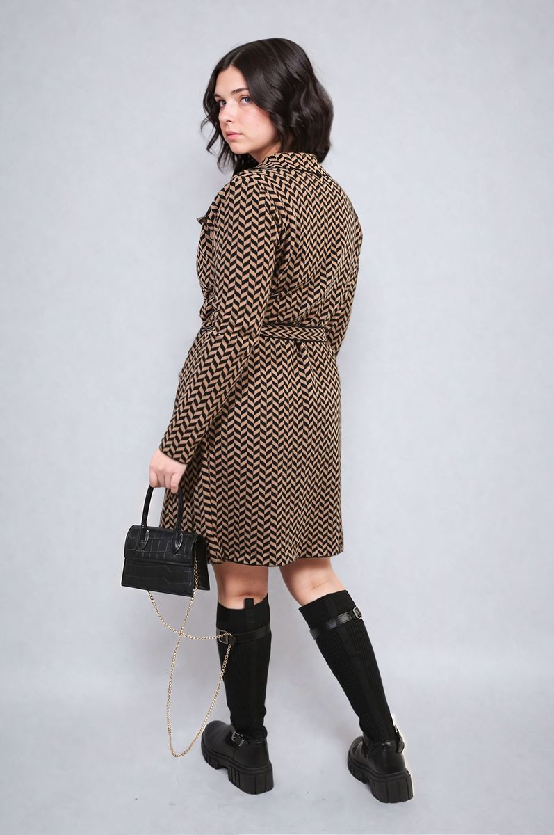 Check Print Full Sleeve Notched Lapel Collar Neck Belted Coat