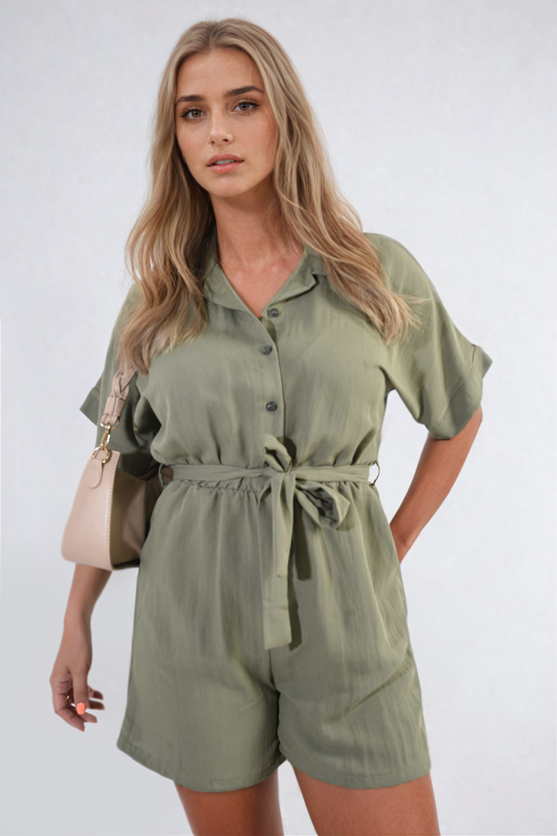 Buttoned Tie Waist Romper