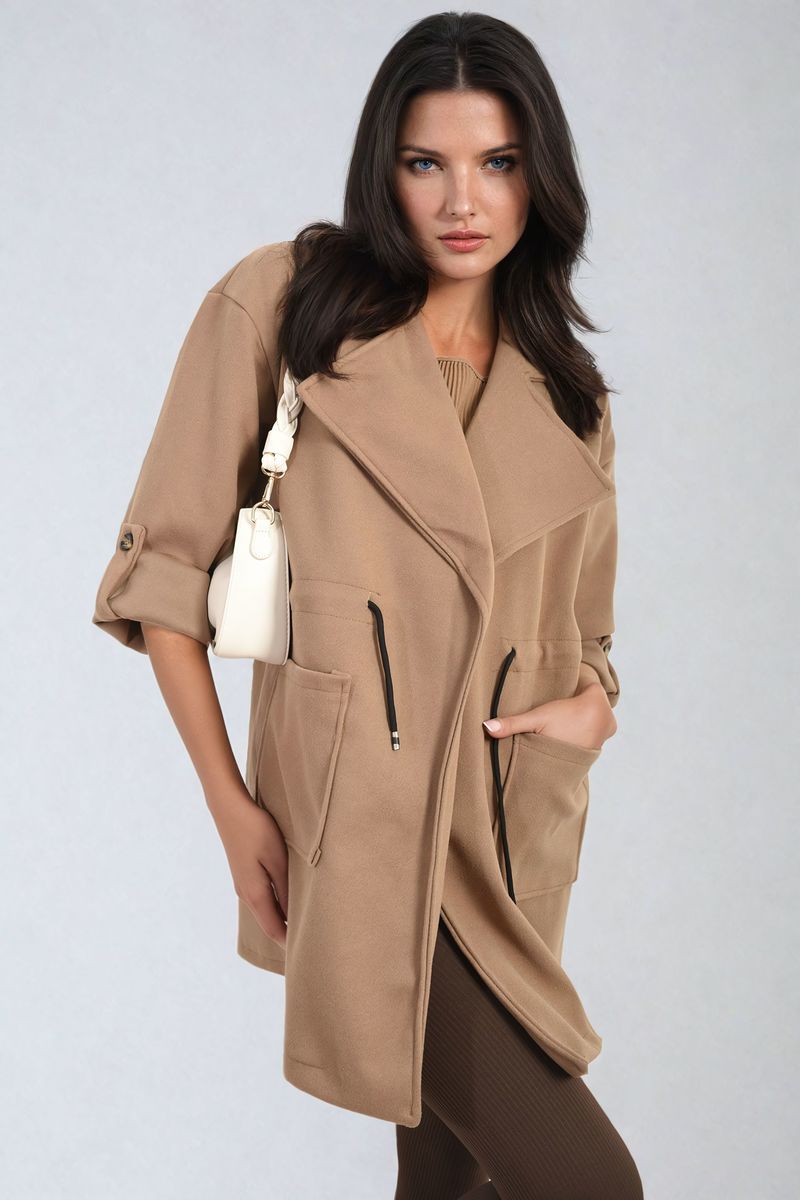 Roll Tab Sleeve Drawstring Waist Open Front Trench Coat Jacket