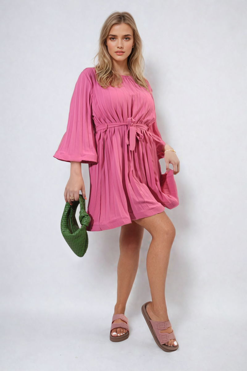 Pleated Tie Waist Mini Dress