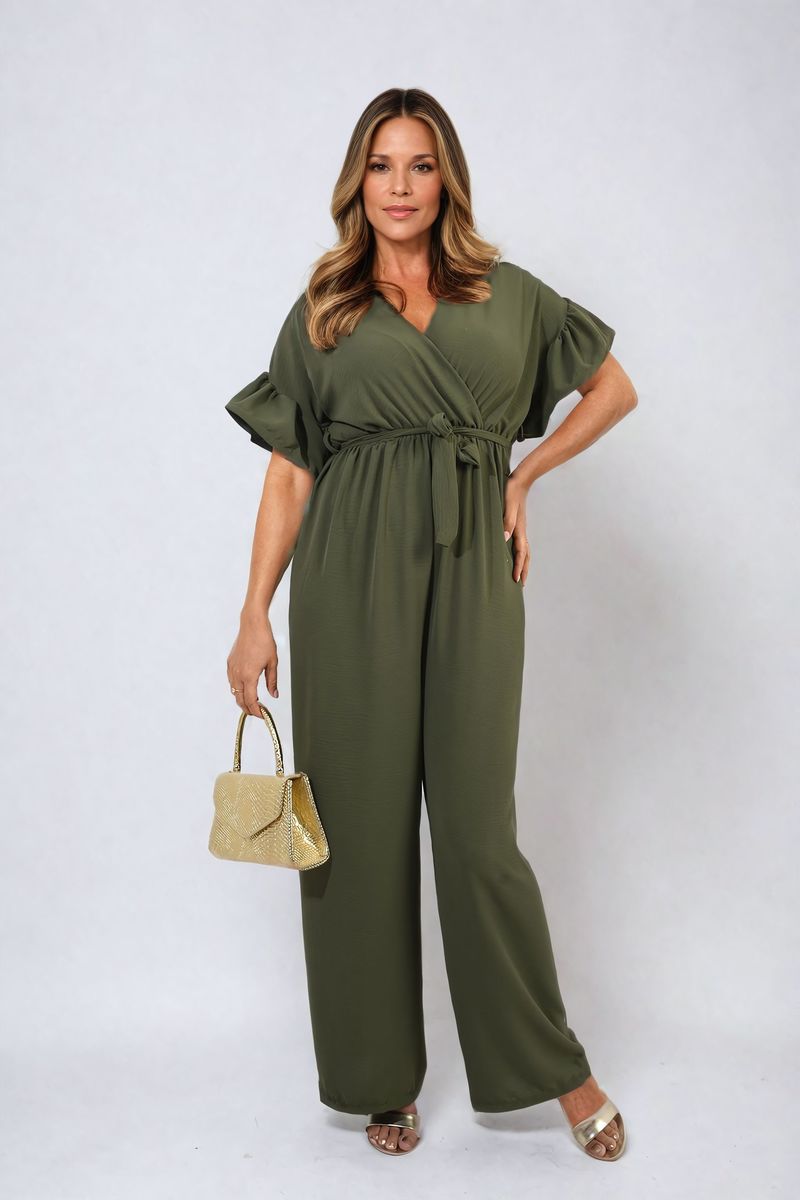 Wrap Over Tie Belt Frill Sleeve Jumpsuit