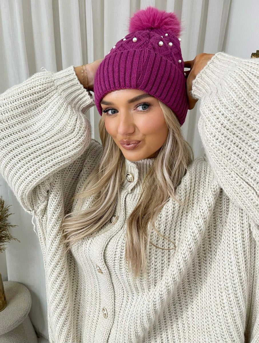 Pom Pom Knitted Winter Hat With Pearl Decor