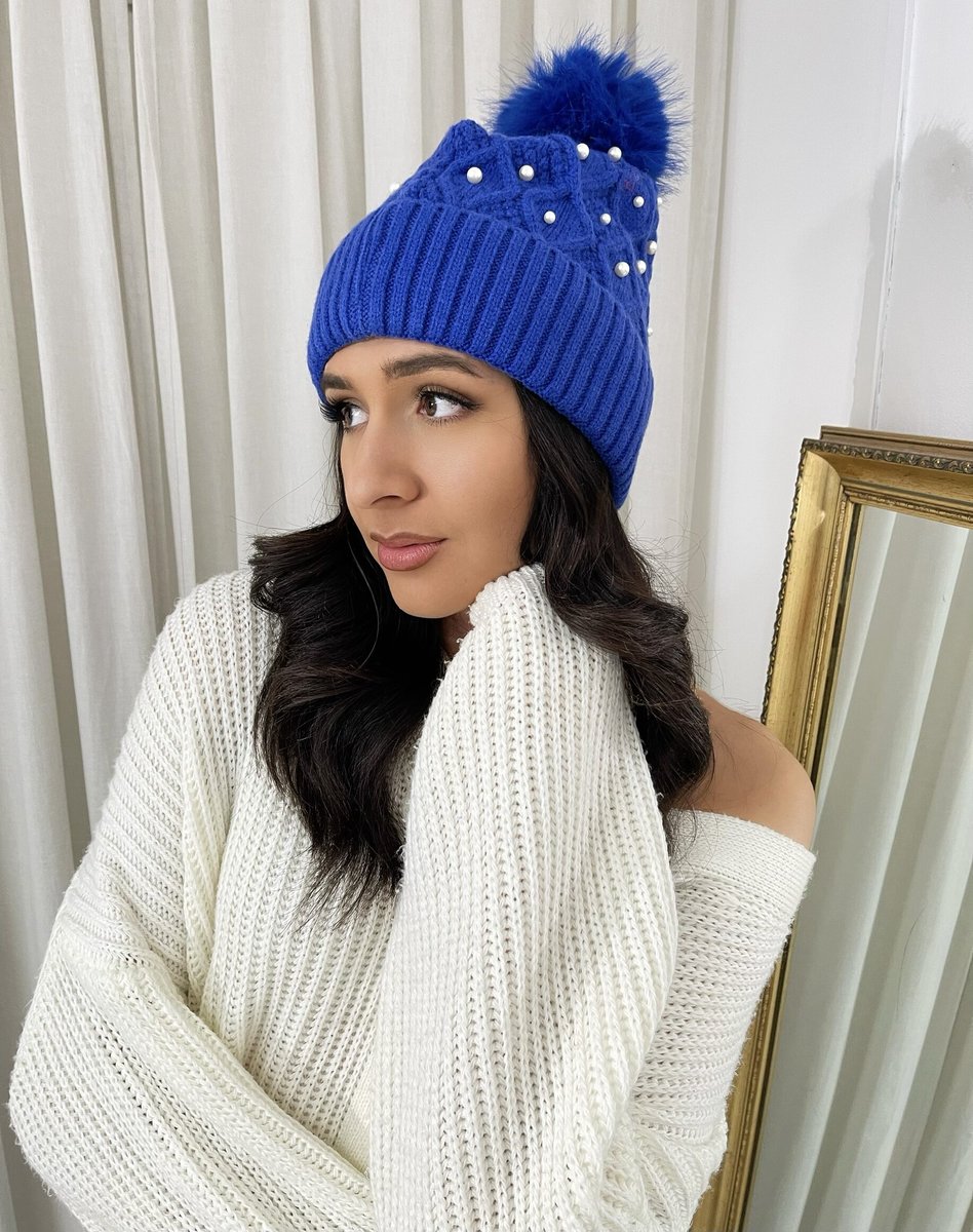 Pom Pom Knitted Winter Hat With Pearl Decor