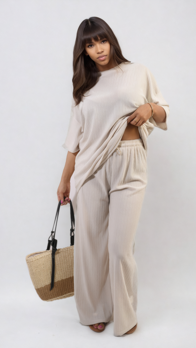 Ribbed Oversized Top and Drawstring Wide Leg Trouser Co-ord Set