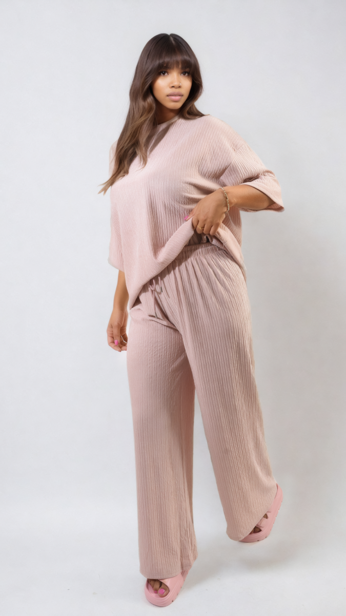 Ribbed Oversized Top and Drawstring Wide Leg Trouser Co-ord Set