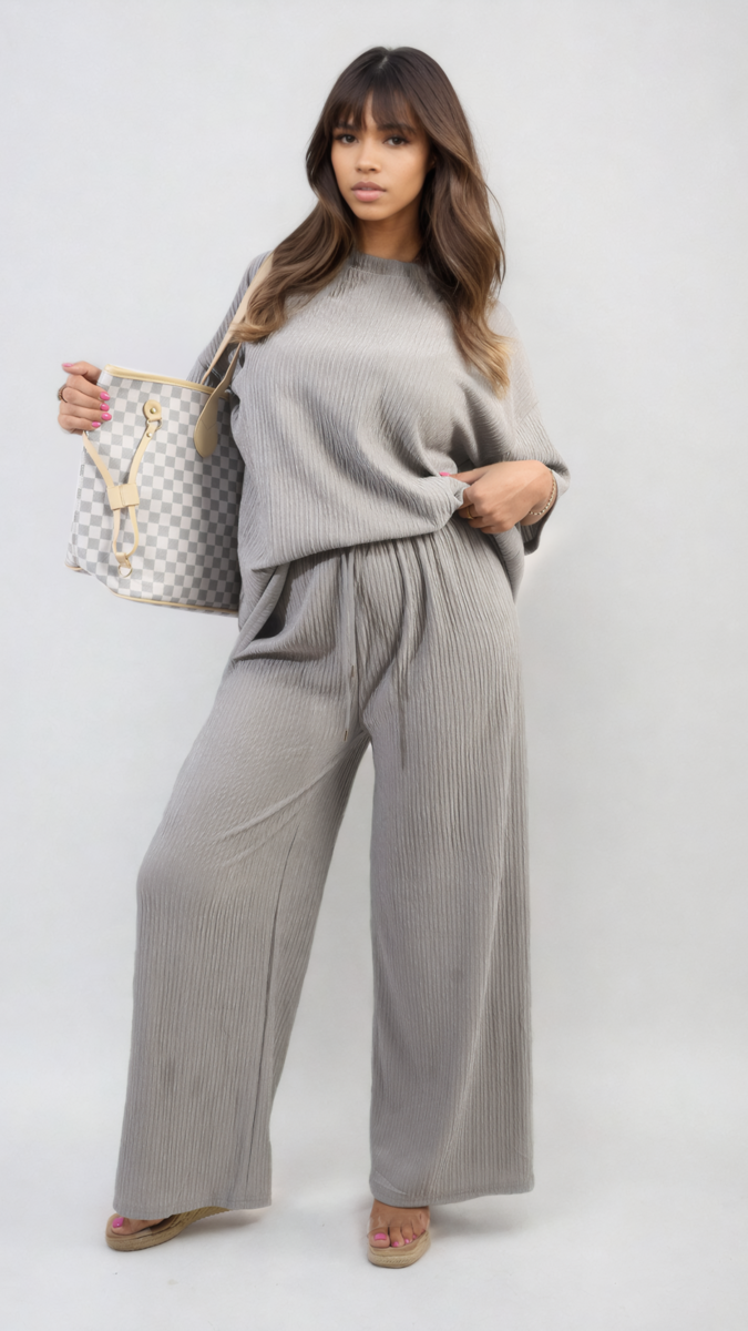 Ribbed Oversized Top and Drawstring Wide Leg Trouser Co-ord Set