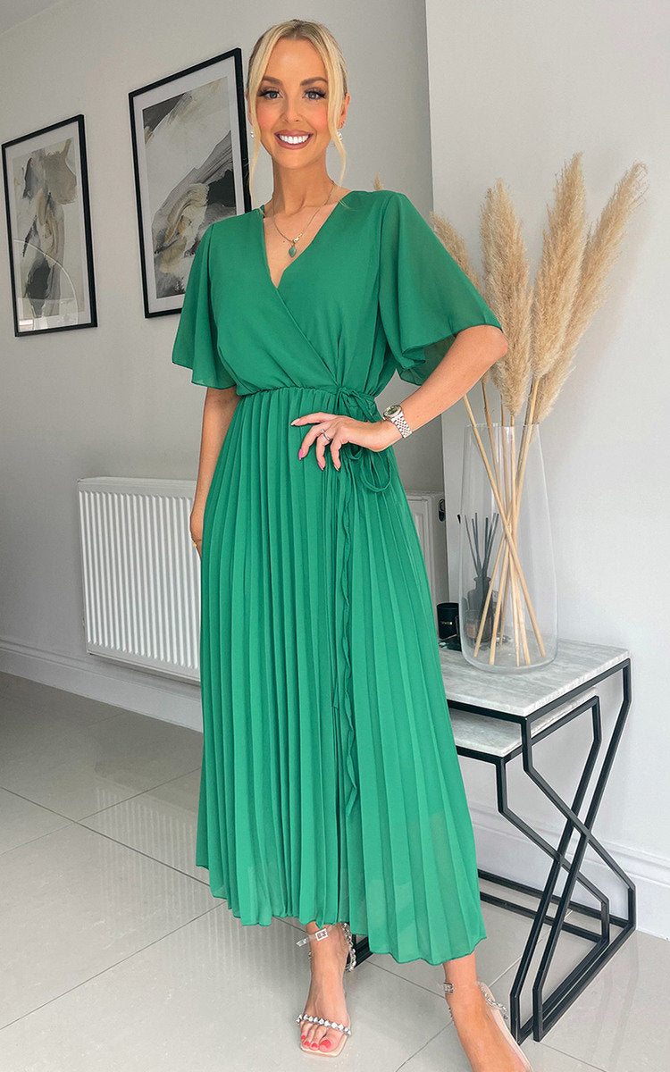 Pleated Wrap Front  Maxi Dress