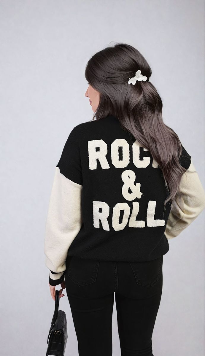 Round Neck Rock & Roll Print Knitted Jumper